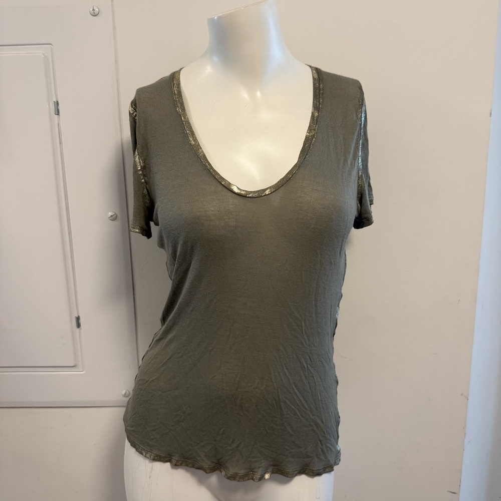 Zadig & Voltaire Olive Green Short Sleeve Scoop Neck Tee with Metallic Trim